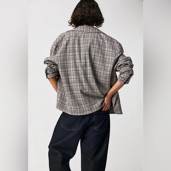 We the Free People Cali Plaid blazer M black grey pink Boxy Single Breasted - Picture 6 of 15